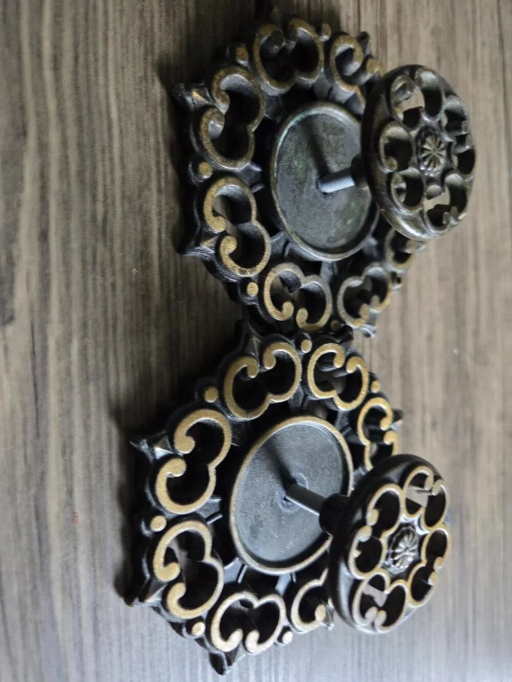 VTG Pair of Brass Finish Cabinet Knobs and Backplates